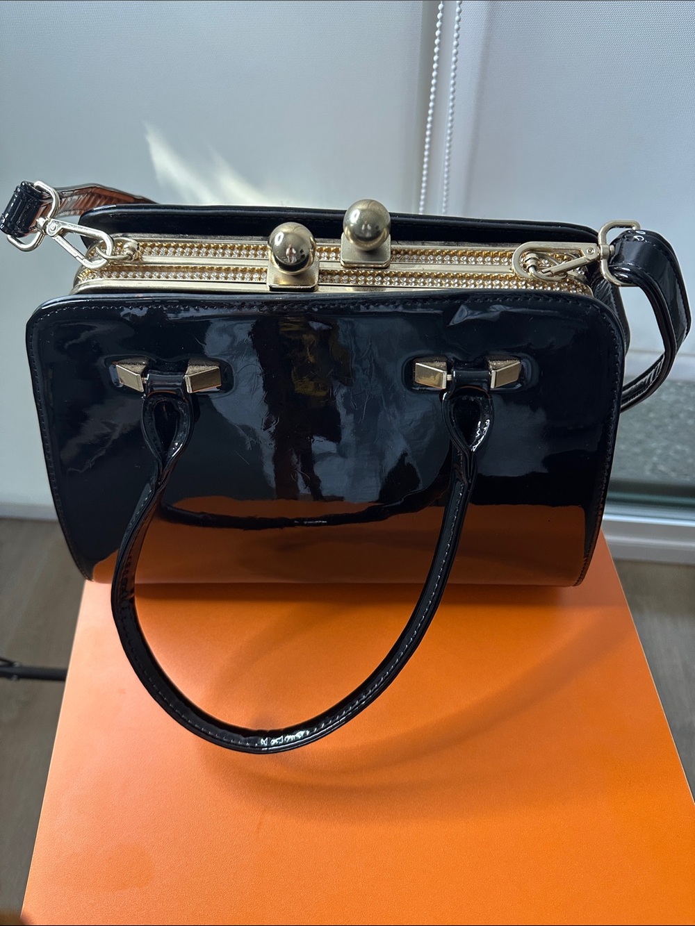 Black Patent Double-Compartment Satchel Bag with Gold Hardware